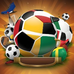 a rugby and soccer ball represented with flags of africa countries together with tennis racket and a rubber shoes