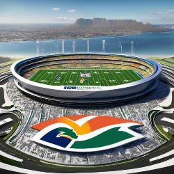 a foot ball stadium with tower lights and table top mountain in the back along with the cape town's city and beach
