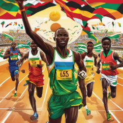 celebrating africa racers in the track and field with the one wearing green in the front followed by two in red