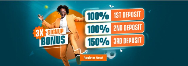 3x signup bonus with a man in orange coat and pants