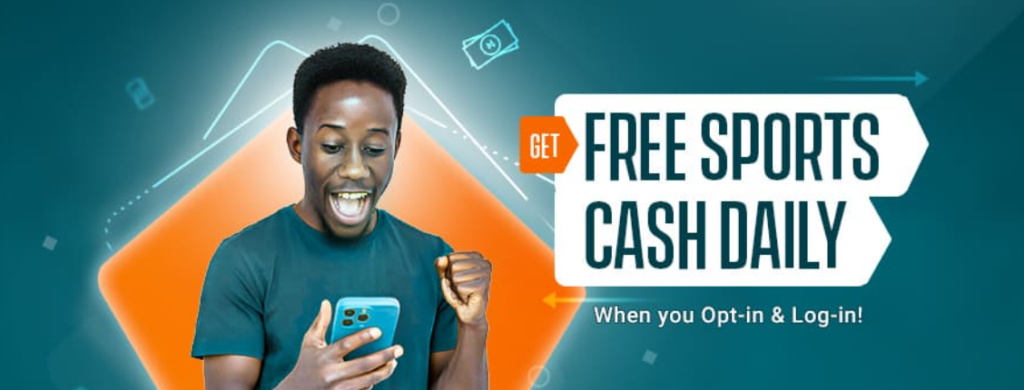 Free Sports Cash Daily with a black nigerian man in green shirt looking excited while holding a phone 